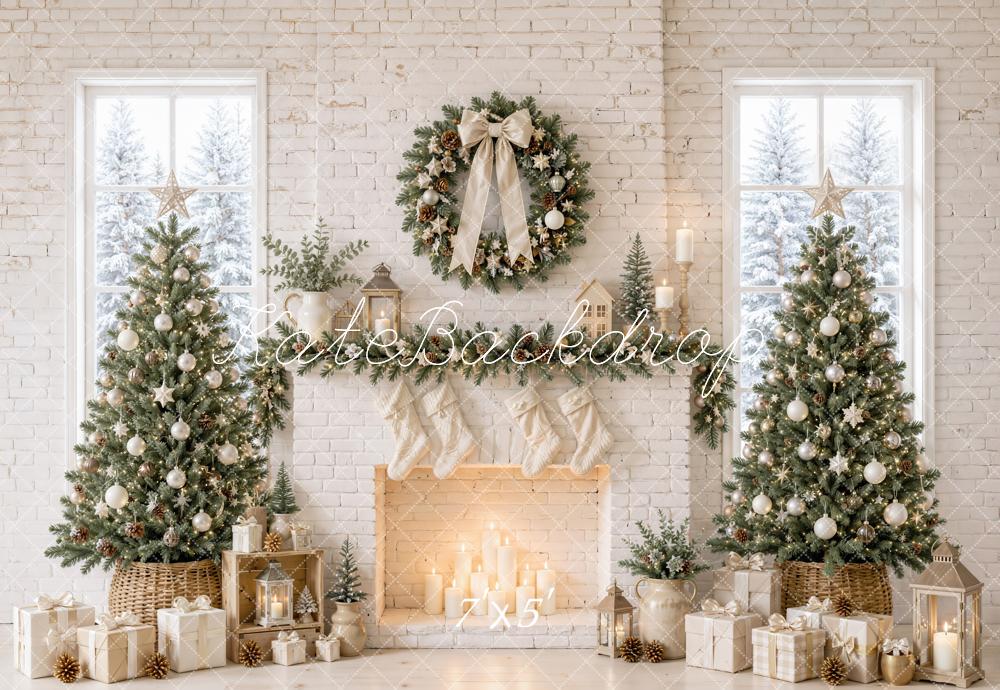 Kate Christmas Trees White Brick Fireplace Wreath Printed Backdrop Designed by Emetselch
