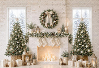 Kate Christmas Trees White Brick Fireplace Wreath Printed Backdrop Designed by Emetselch