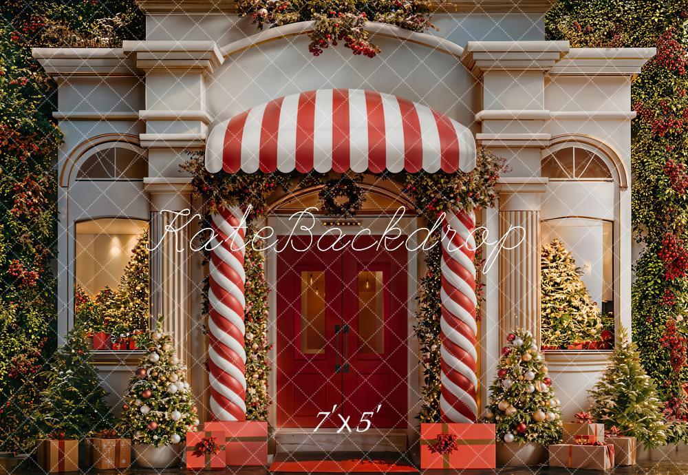 Kate Christmas Candy Cane Columns Red Door Trees Backdrop Designed by Emetselch