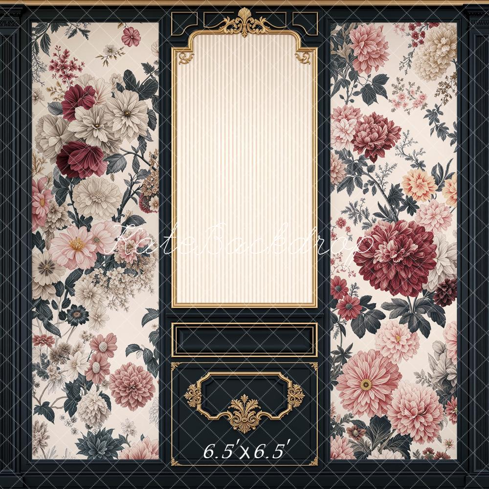 Kate Retro Ornate Black Gold Floral Wall Printed Backdrop Designed by Mini MakeBelieve
