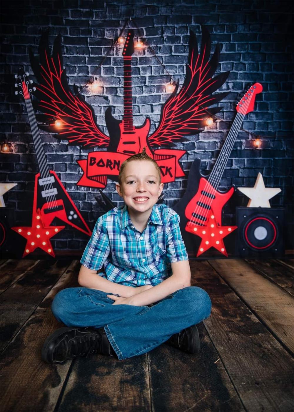 Kate Cool Black Brick Wall Red Rock Guitar Star Wing Music Backdrop Designed by Megan Leigh Photography