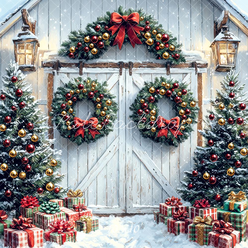 Kate Christmas Tree White Barn Door Wreath Backdrop Designed by Mini MakeBelieve