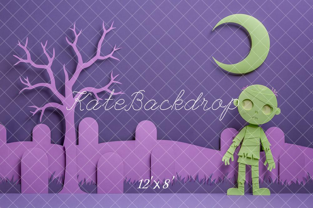 Kate Halloween Purple Graveyard Zombie Crescent Moon Paper Cut Printed Backdrop Designed by Angela Miller