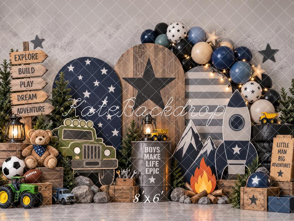 Kate Cake Smash Boys Adventure Rocket Campfire Gray Printed Backdrop Designed by Laura Bybee