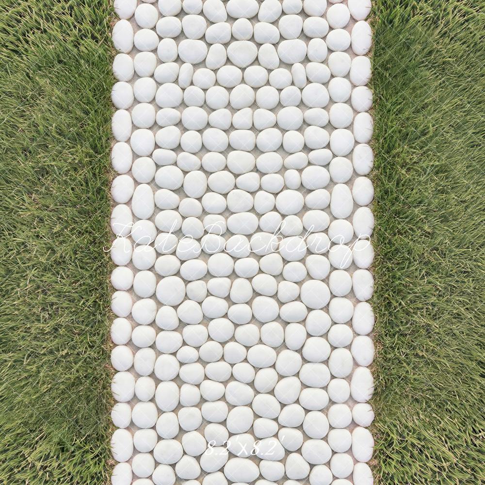 Kate White Pebble Pathway with Green Grass Floor Backdrop Designed by Mini MakeBelieve
