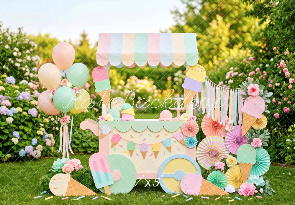 Kate Summer Garden Ice Cream Cart Pastel Balloons Flowers Kids Printed Backdrop Designed by Patty Roberts