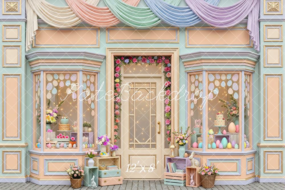Kate Easter Bunny Pastel Storefront Flower Arch Printed Backdrop Designed by Mini MakeBelieve