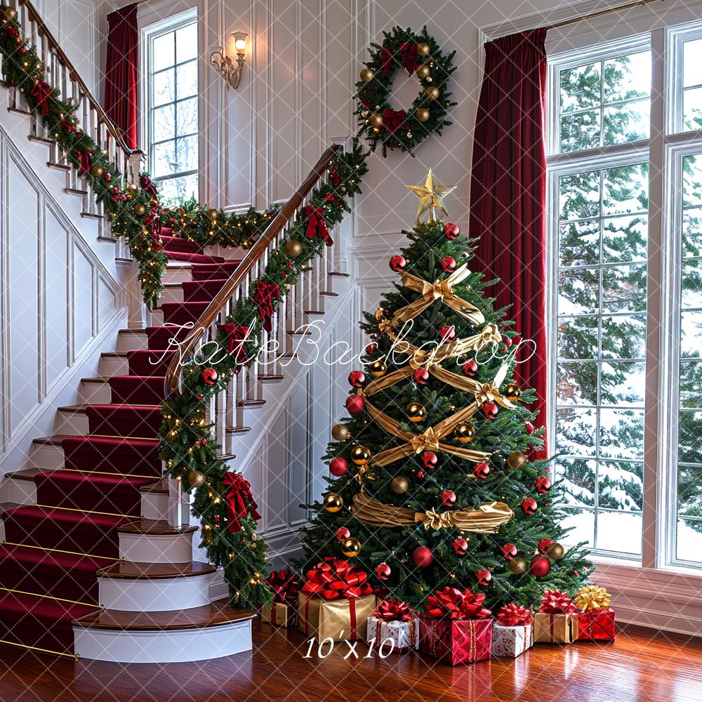 Kate Christmas Tree Staircase Gifts Red Curtains Window Backdrop Designed by Mini MakeBelieve