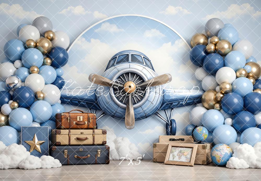 Kate Cake Smash Airplane Blue Balloons Clouds Suitcases Backdrop Designed by Mini MakeBelieve
