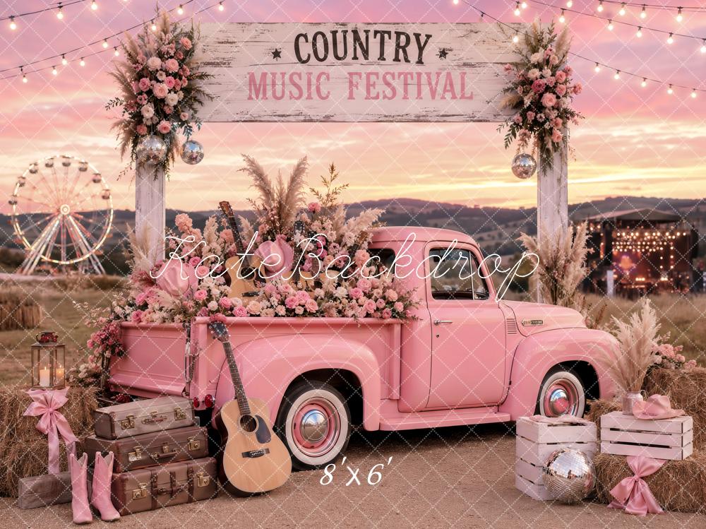 Kate Country Music Festival Pink Truck Floral Arch Printed Backdrop Designed by Ashley Paul
