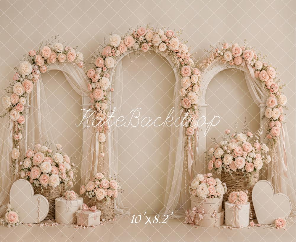 Kate Valentine's Day Pink Floral Arches Sheer Drapes Heart Printed Backdrop Designed by Emetselch