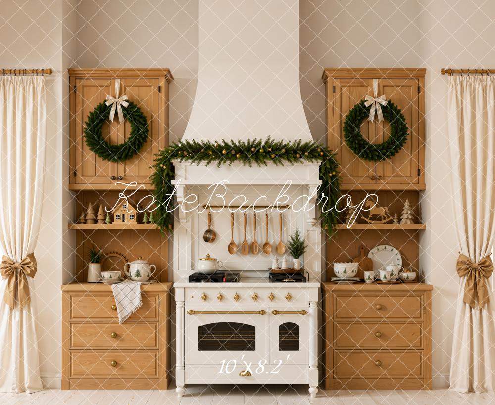 Kate Christmas Kitchen Garland Wreath Wood Cabinets Curtains Printed Backdrop Designed by Emetselch