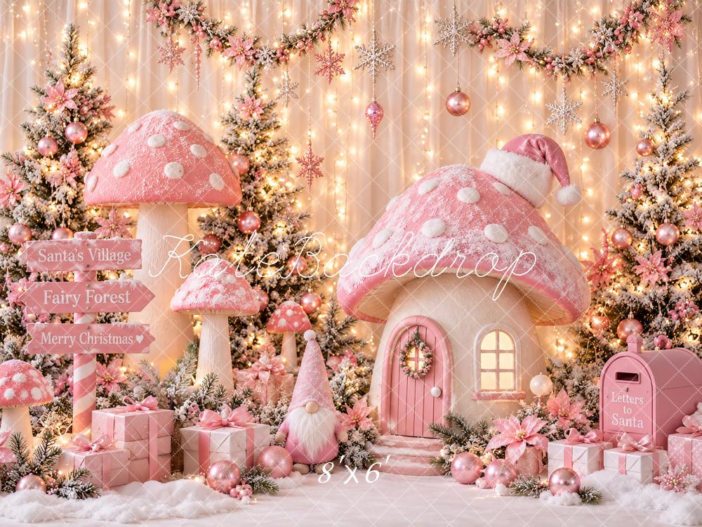 Kate Christmas Pink Mushroom Fairy Forest Cottage Snowy Printed Backdrop Designed by Ashley Paul
