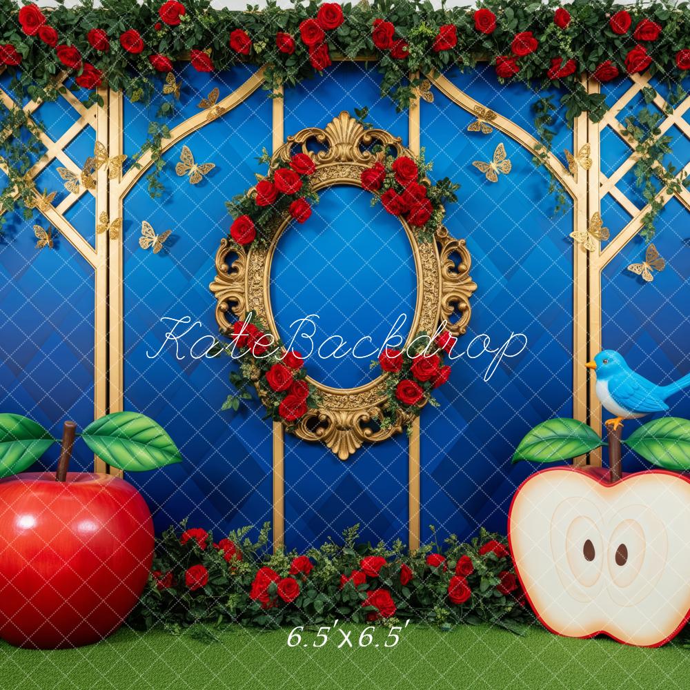 Kate Cake Smash Blue Lattice Red Roses Apples Mushrooms Gold Frame Backdrop Designed by Patty Roberts