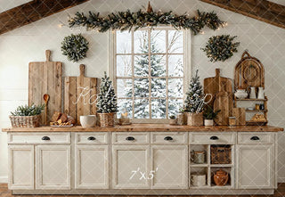 Kate Christmas Kitchen Window Garland Wreaths Rustic White Printed Backdrop Designed by Emetselch