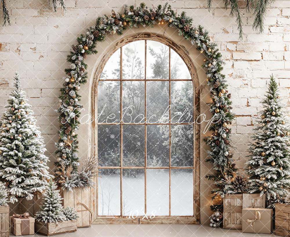 Kate Christmas Arched Window Garland Snowy Pine Trees Backdrop Designed by Emetselch