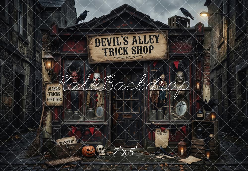 Kate Halloween Haunted Trick Shop Alley Dark Black Printed Backdrop Designed by Patty Roberts