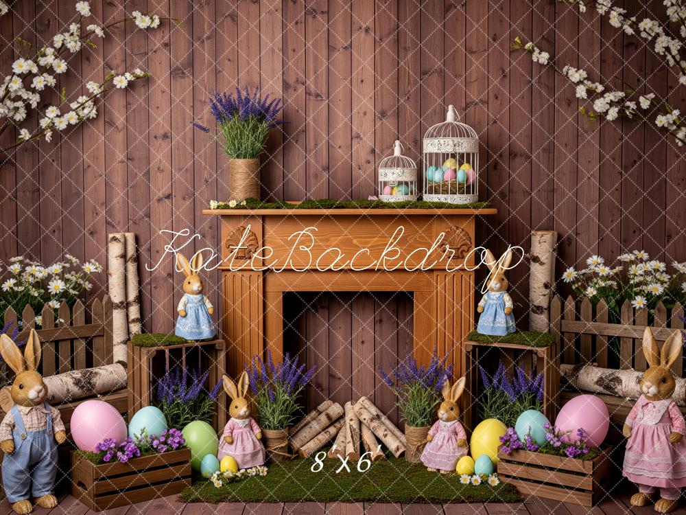 Kate Easter Bunny Fireplace Pastel Eggs Spring Flowers Backdrop Designed by Patty Roberts