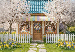 Kate Spring Pastel House Cherry Blossom Garden Printed Backdrop Designed by Emetselch