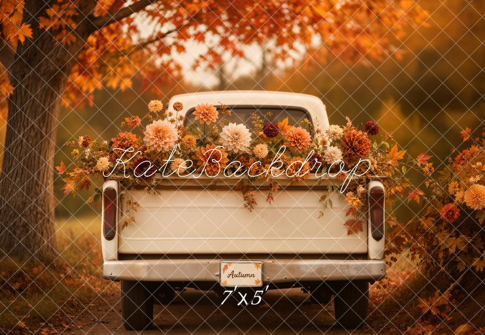 Kate Fall Vintage Truck Orange Floral Forest Printed Backdrop Designed by Emetselch