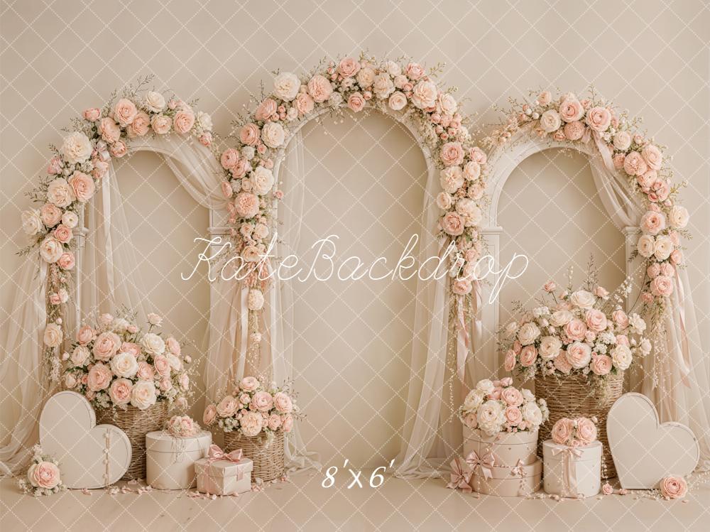 Kate Valentine's Day Pink Floral Arches Sheer Drapes Heart Printed Backdrop Designed by Emetselch