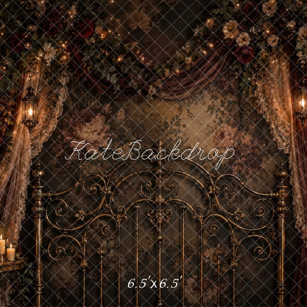 Kate Vintage Brown Gothic Headboard Floral Drapes Printed Backdrop Designed by Laura Bybee