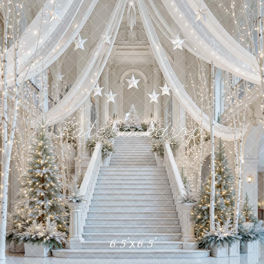 Kate Christmas Winter Wonderland Staircase Christmas Trees White Printed Backdrop Designed by Mini MakeBelieve