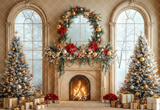 Kate Christmas Fireplace Trees Wreath Gold Window Printed Backdrop Designed by Emetselch