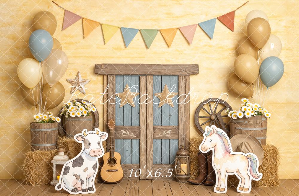 Kate Cake Smash Farmhouse Barn Door Cow Horse Balloons Printed Backdrop Designed by Chain Photography