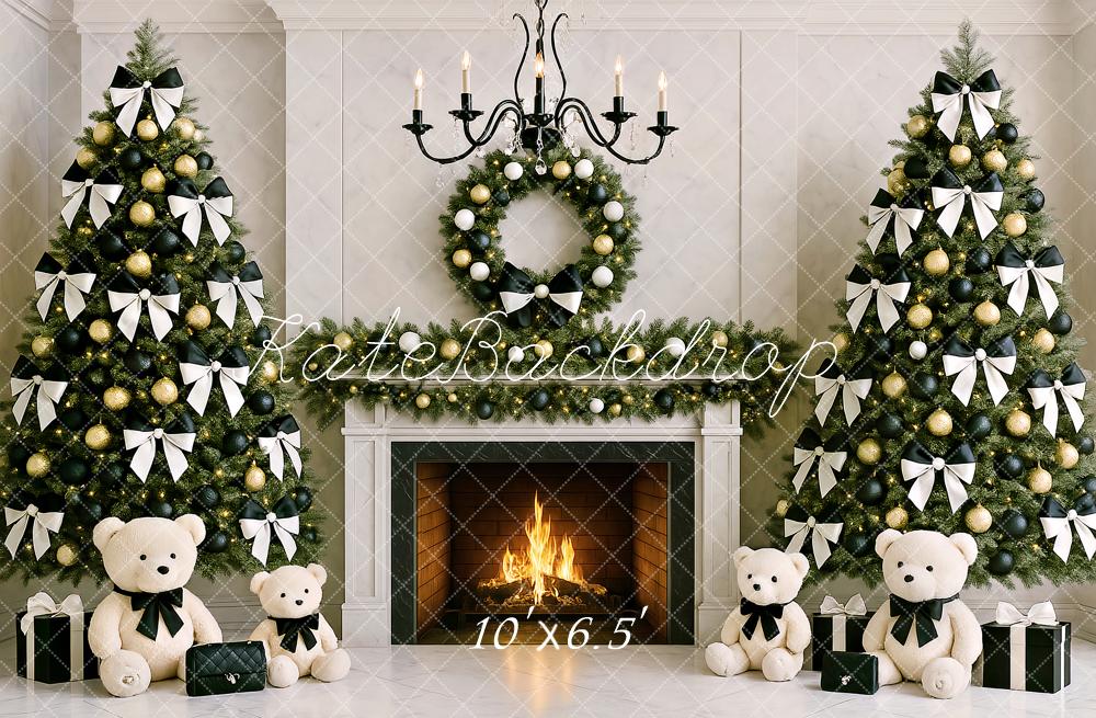 Kate Christmas Tree Fireplace Teddy Bear Bow Backdrop Designed by Ashley Paul