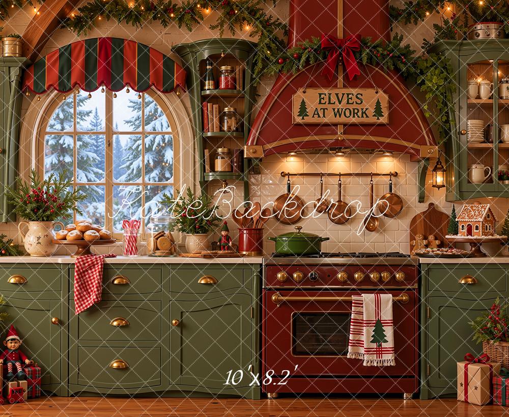 Kate Christmas Kitchen Crooked Elf Workshop Green Red Printed Backdrop Designed by Shutter Swan Studios