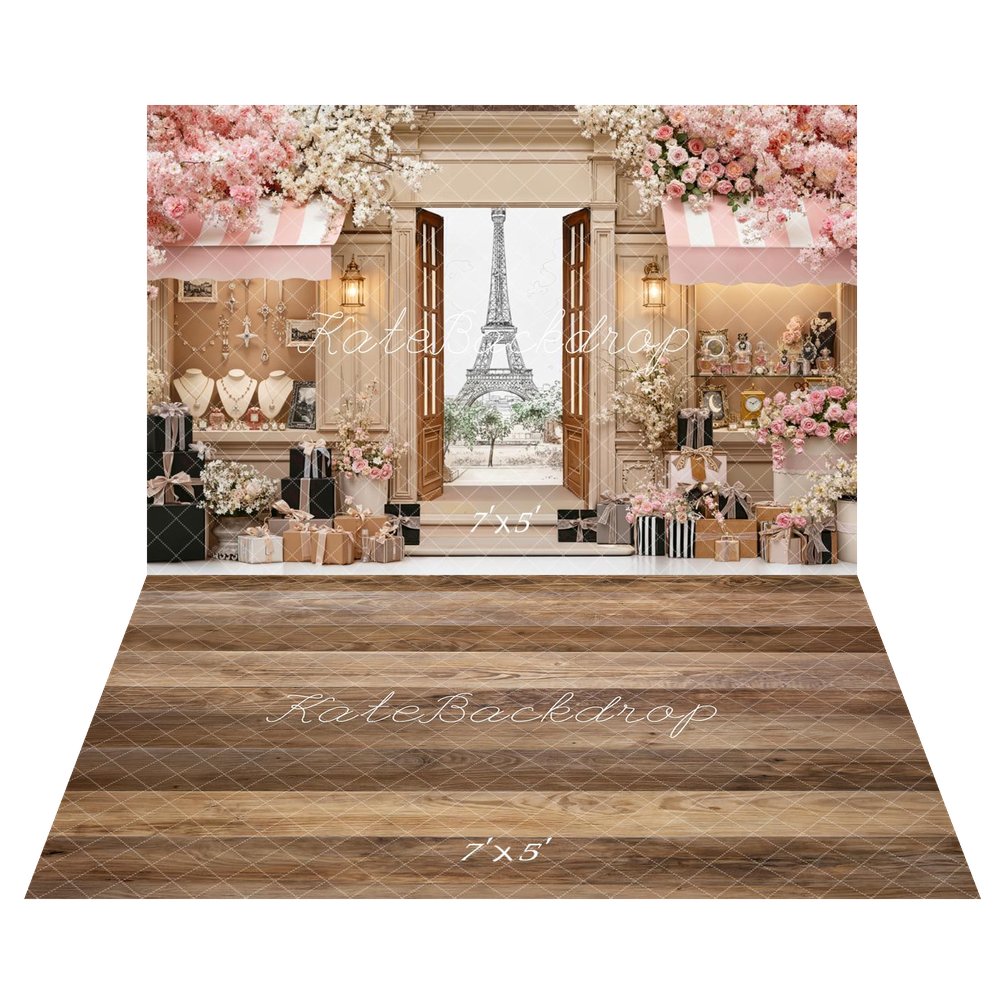Kate Spring Pink Flower Paris Boutique Gift Boxes Eiffel Tower Backdrop+Brown Wood Plank Floor Backdrop