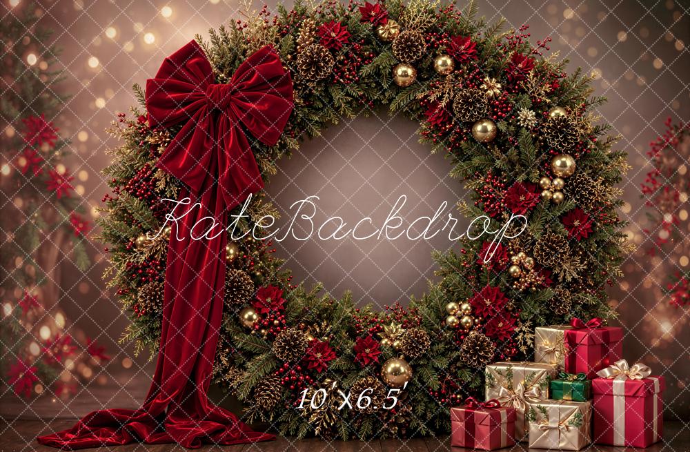 Kate Christmas Large Wreath Red Bow Presents Printed Backdrop Designed by Emetselch
