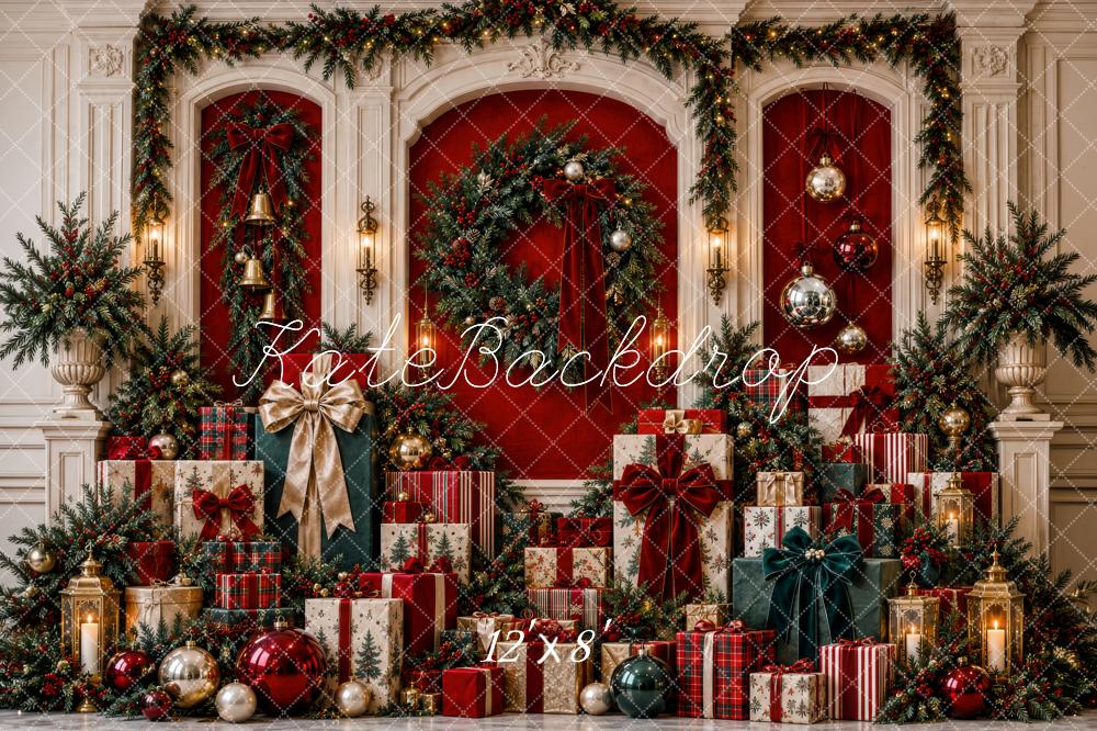 Kate Christmas Garland Wreath Gift Boxes Red Printed Backdrop Designed by Patty Roberts