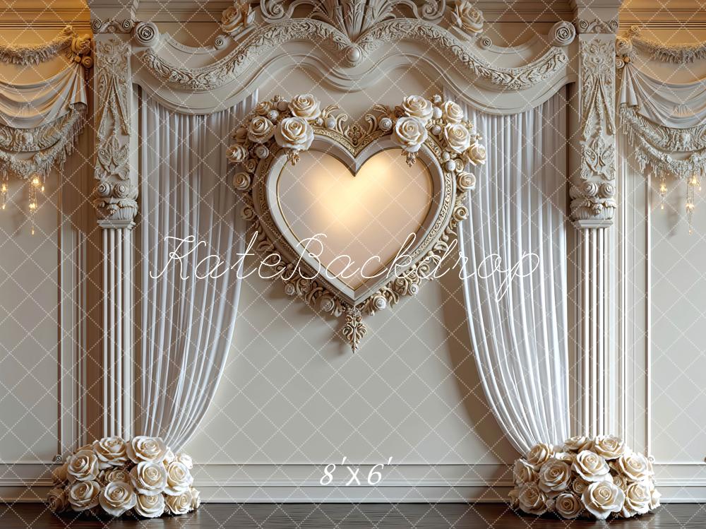Kate Heart Flower Arch White Drapes Columns Backdrop Designed by Mini MakeBelieve
