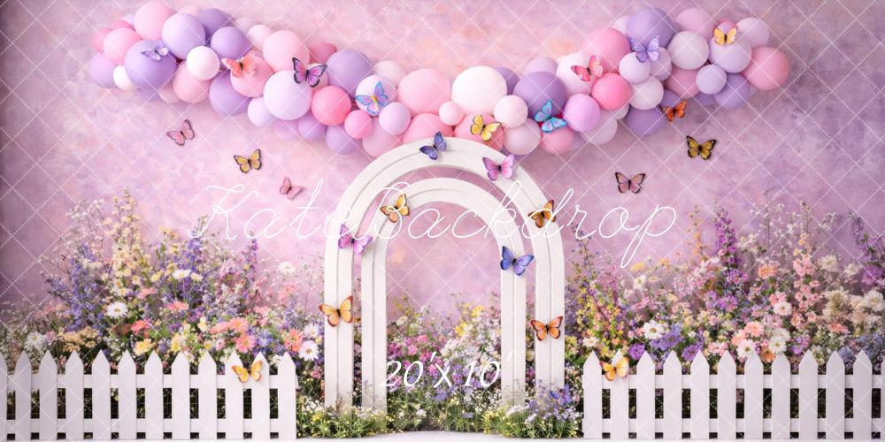Kate Cake Smash Flower Arch Pink Purple Balloons Butterflies Fence Printed Backdrop Designed by Megan Leigh Photography