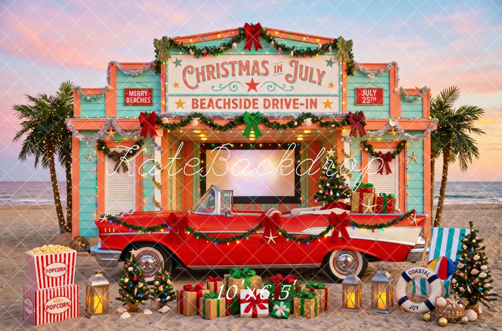 Kate Christmas in July Beach Drive-In Red Vintage Car Presents Palm Trees Printed Backdrop Designed by Patty Roberts