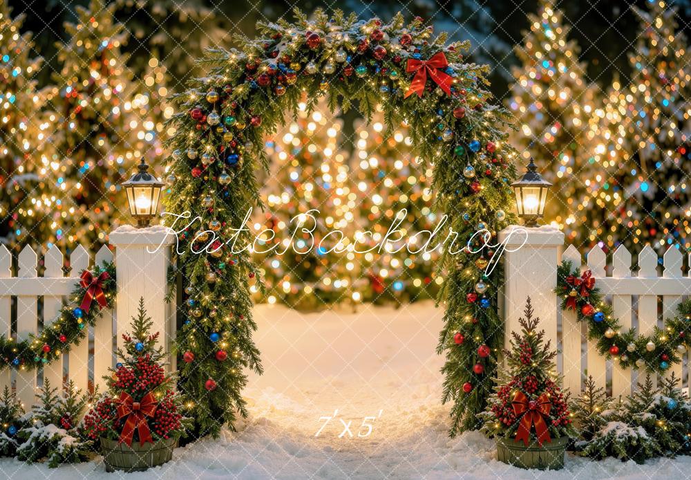 Kate Christmas Night Garland Arch Fence Glow Trees Printed Backdrop Designed by Mini MakeBelieve