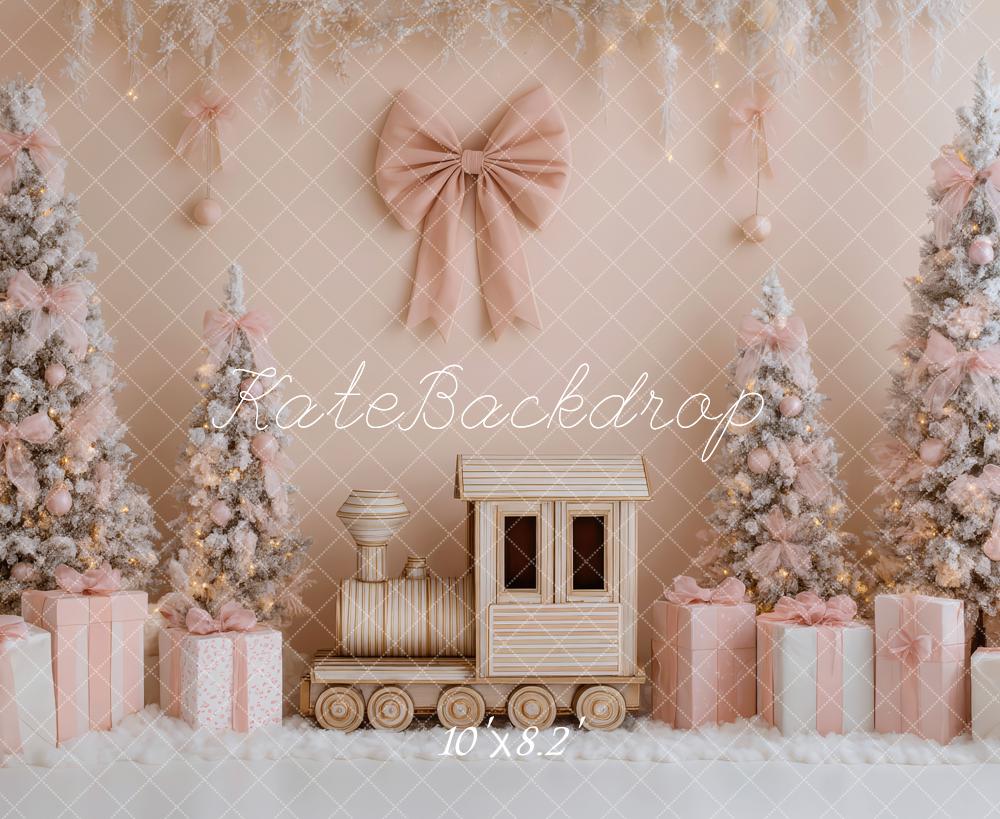 Kate Christmas Trees Polar Train Pink Bow Gift Backdrop Designed by Patty Roberts