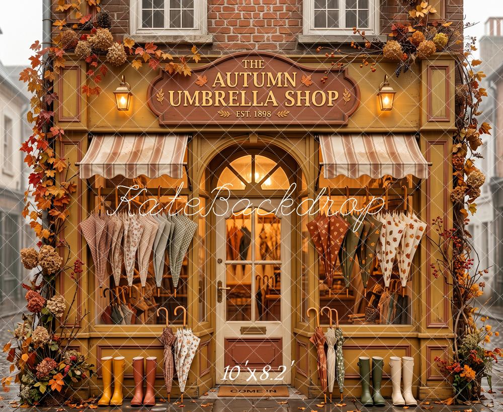 Kate Fall Umbrella Shop Storefront Street Printed Backdrop Designed by Patty Roberts