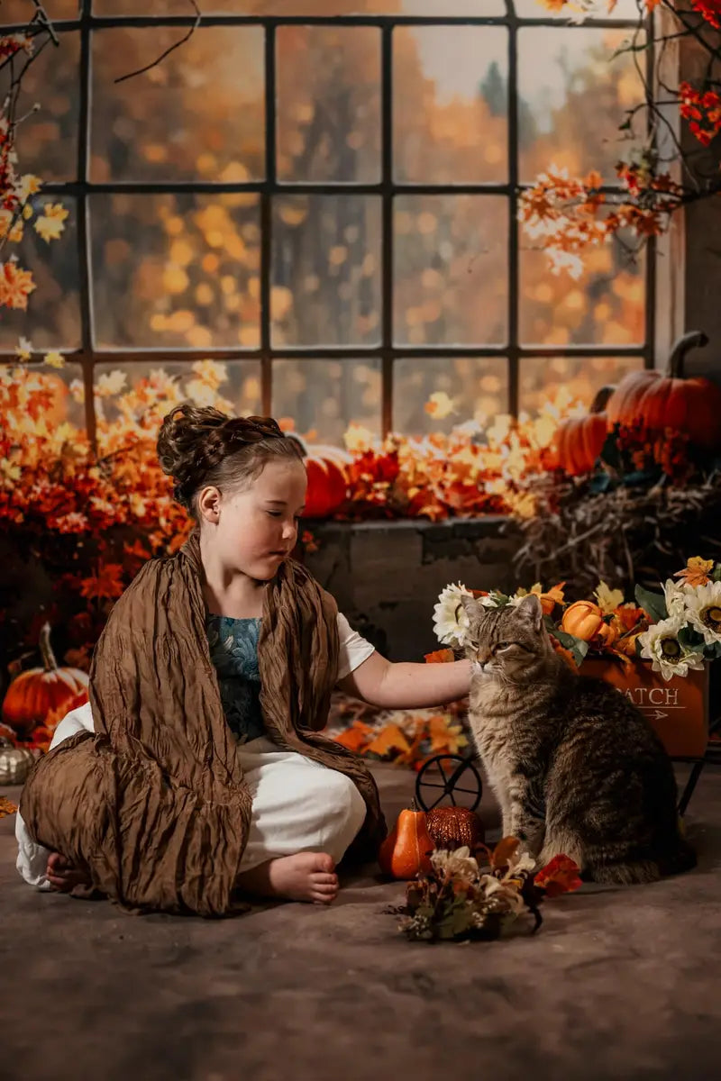 Kate Autumn Pumpkin Red Maple Leaf Arch Window Barn Forest Backdrop Designed by Emetselch