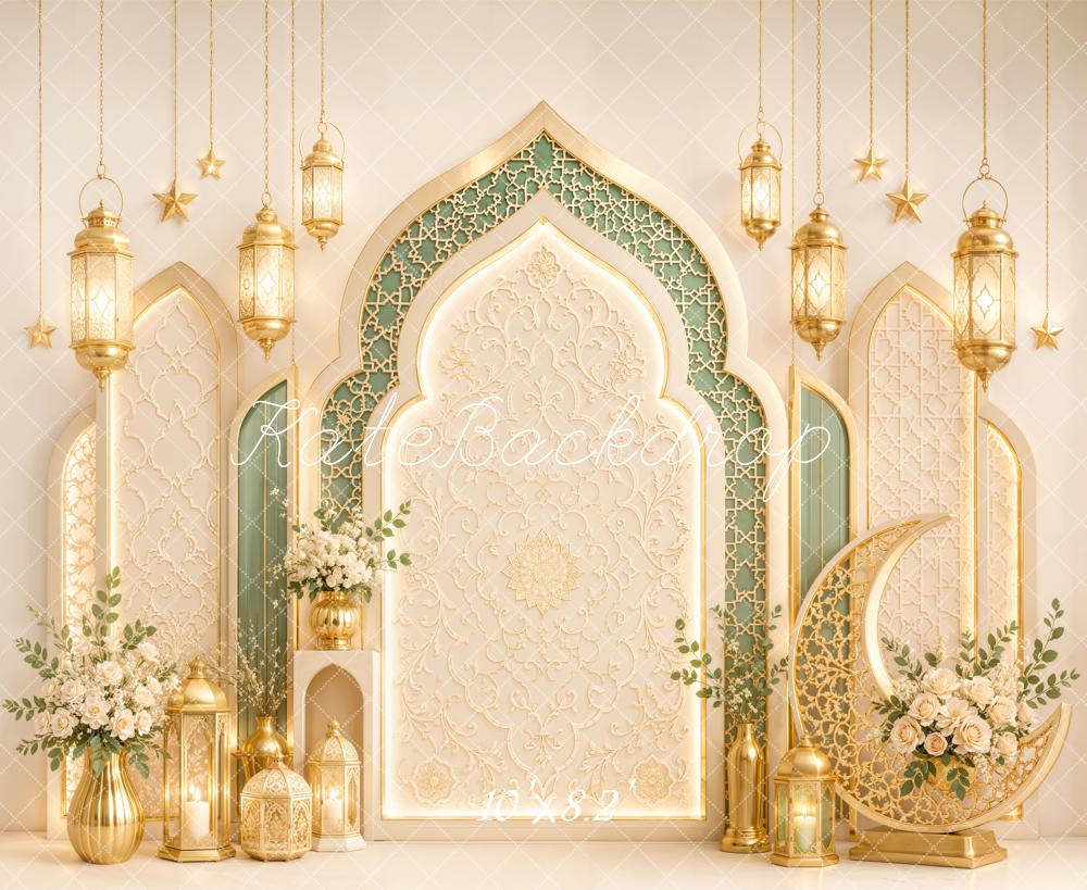 Kate Islamic Gold Arches Lanterns Crescent Moon Printed Backdrop Designed by Emetselch
