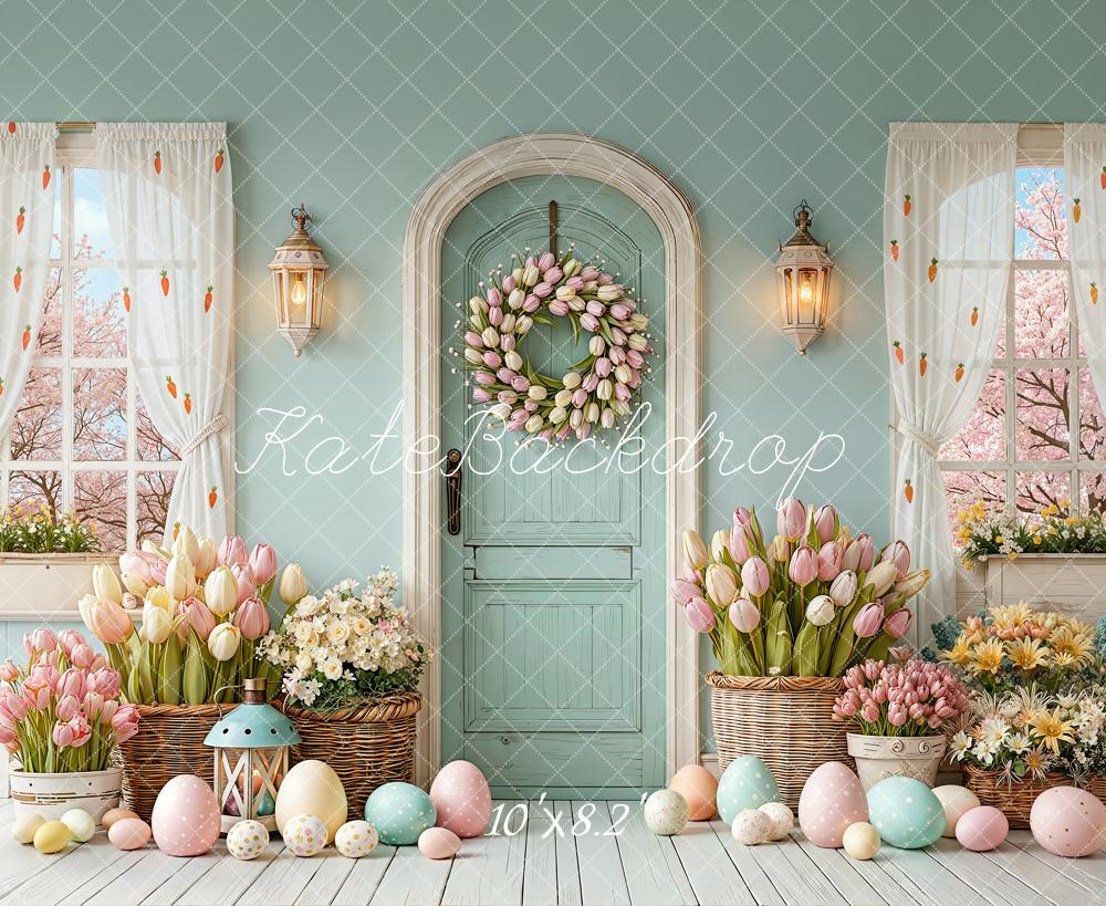 Kate Easter Bunny Pastel Eggs Tulip Wreath Door Backdrop Designed by Emetselch