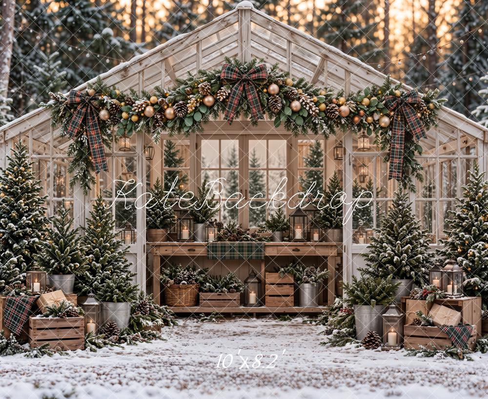 Kate Christmas Greenhouse Snowy Trees Garland Rustic Woodland Printed Backdrop Designed by Emetselch