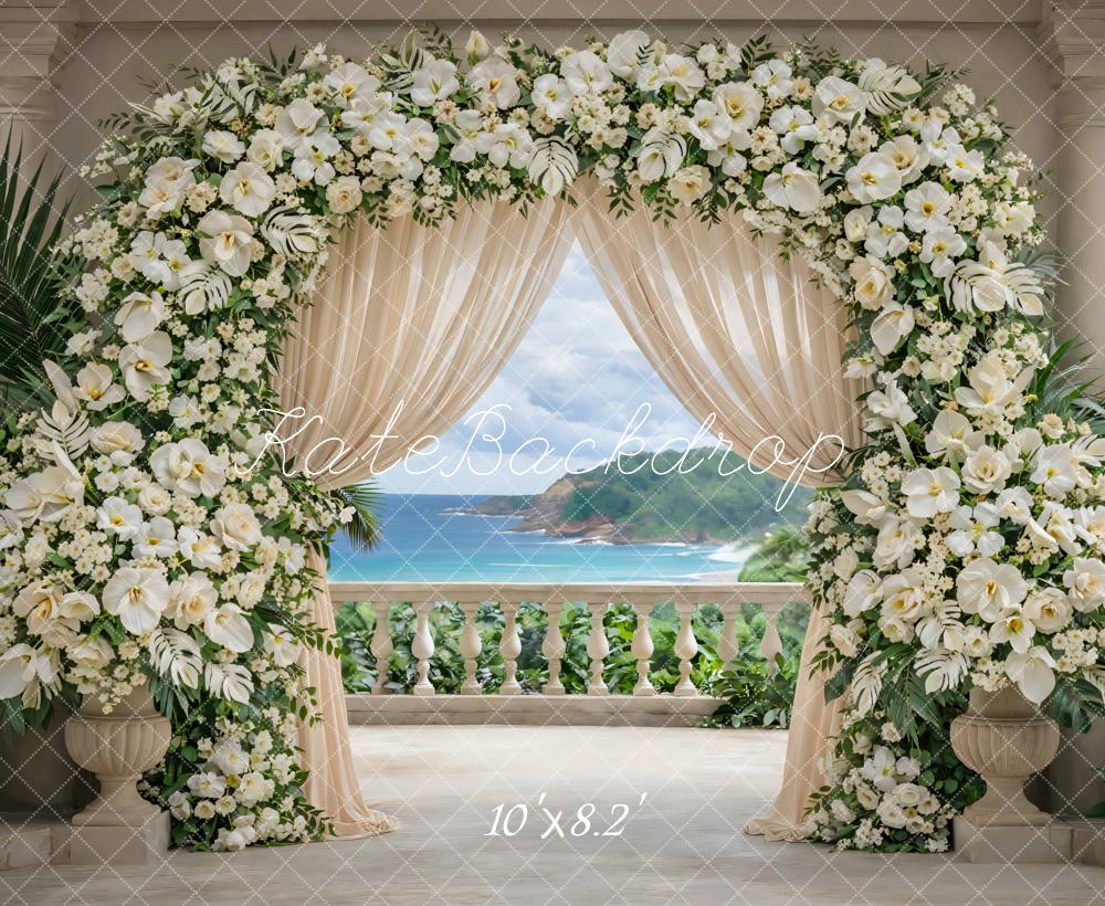 Kate Summer Flower Arch White Floral Drapes Ocean View Printed Backdrop Designed by Mini MakeBelieve