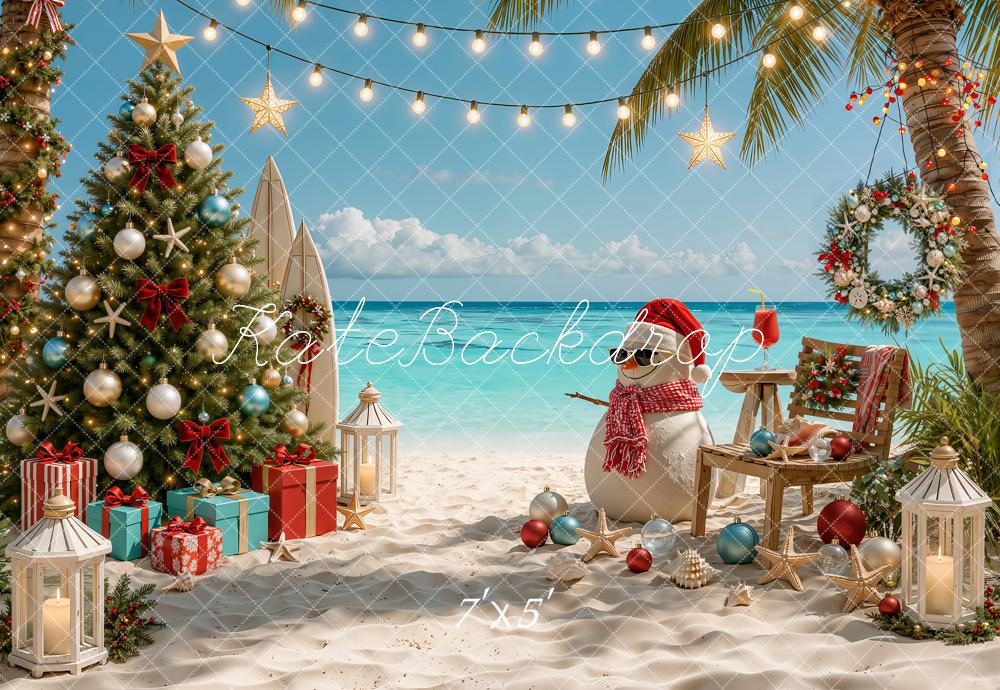 Kate Christmas Tropical Beach Snowman Tree Printed Backdrop Designed by Emetselch