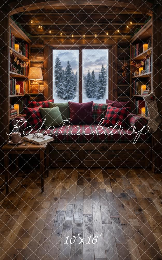 Kate Sweep Cozy Winter Cabin Bookshelves Window Printed Backdrop Designed by Happy Squirrel Design