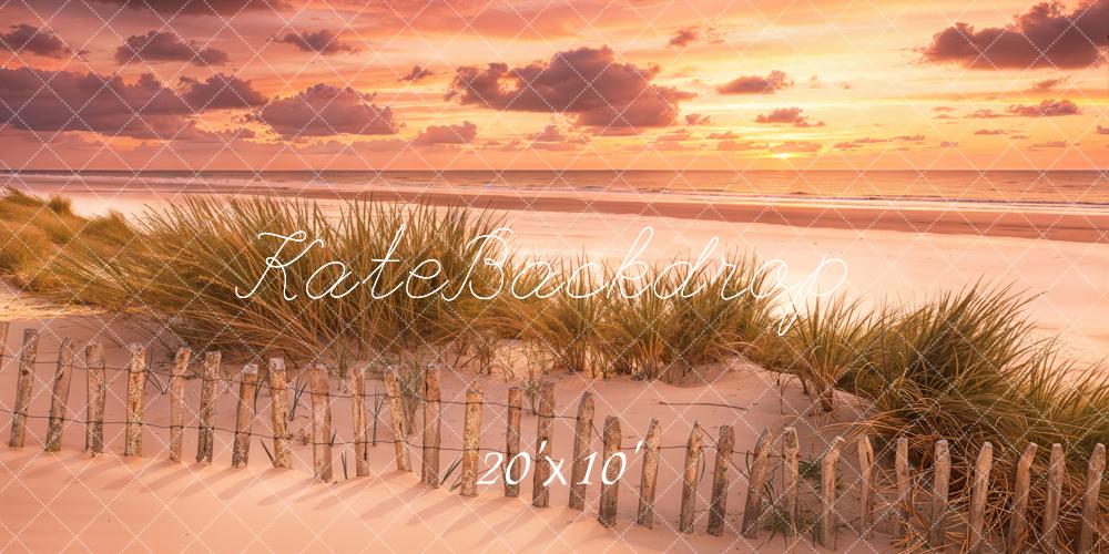 Kate Summer Beach Sunset Sand Dunes Grass Fence Printed Backdrop Designed by Emetselch