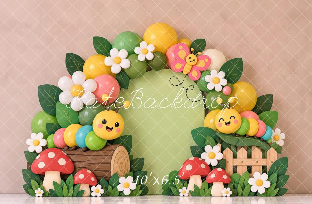Kate Spring Cake Smash Garden Caterpillars Flowers Mushrooms Printed Backdrop Designed by Laura Bybee