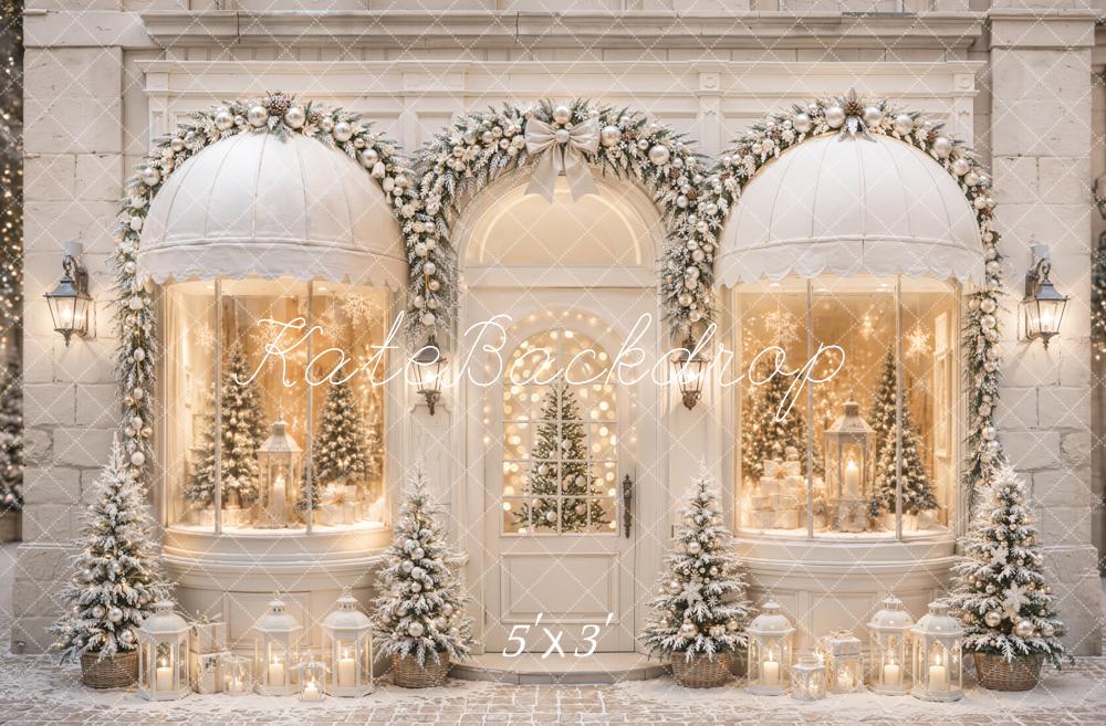 Kate Christmas Shop Arched Window Garland Snowy Trees Printed Backdrop Designed by Emetselch